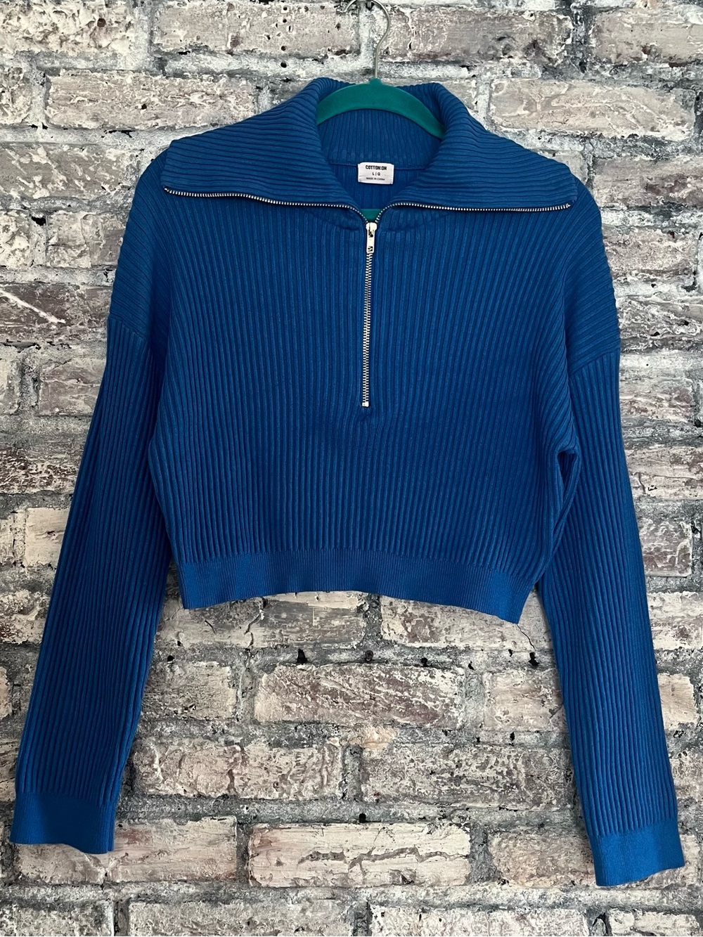 Cotton On Gorgeous Blue Ribbed Half-Zip Cropped Sweater in excellent condition